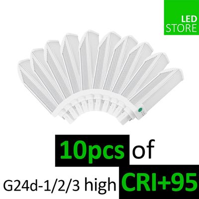Zehn weiße G24d LED-Lampen mit grünem Text "10 pcs CRI+95" und "LED STORE".
