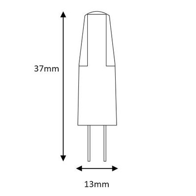 Strichzeichnung eines 37 mm x 13 mm großen elektrischen Bauteils mit zwei Metallstiften, ideal für LED-Beleuchtungsanwendungen.