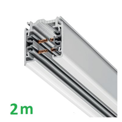 Nahaufnahme einer silbernen 2 m langen Lichtschiene mit zwei sichtbaren Kupferleitern, ideal für LED-Beleuchtungsanlagen.