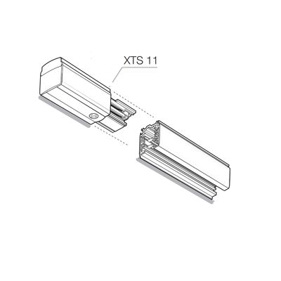 Strichzeichnung von LED-Lichtschienenkomponenten mit der Bezeichnung "XTS 11" mit Verbinder und Schienenteilen mit gestrichelten Linien zur Montage.