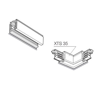 Schema einer rechteckigen Metallstange mit einer Eckverbindung mit der Bezeichnung "XTS 35", das die strukturellen Komponenten und Verbindungen für die Installation von LED-Beleuchtung veranschaulicht.