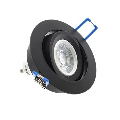 Schwarzer Deckeneinbaustrahler mit verstellbarer Blende, silbernem Glühlampenring und Befestigungsclip für moderne LED-Beleuchtungslösungen.