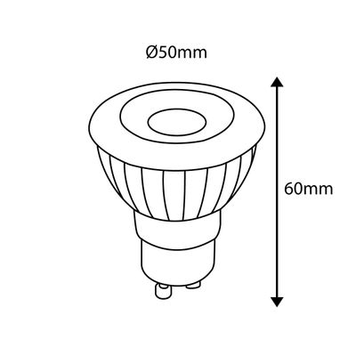 Abbildung der LED-Lampe: Durchmesser 50 mm, Höhe 60 mm, Sockel GU10. Energieeffiziente LED-Beleuchtung für Heim- und Geschäftsbeleuchtung.