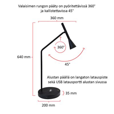 Moderne schwarze Tischleuchte mit verstellbarer Platte, kabellose Ladestation; Breite 360 mm, Höhe 640 mm. Finnischer Text hebt die Eigenschaften hervor.