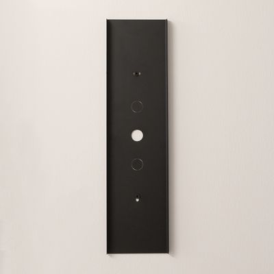 Vertikales schwarzes Metallpaneel mit runden Aussparungen für LED-Leuchtanzeigen an einer Lichtwand.