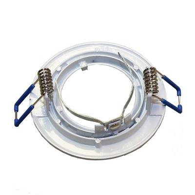 Nahaufnahme eines weißen runden LED-Einbaudownlights mit Doppelfedern und blauen Fassungen, ideal für moderne Beleuchtungslösungen.