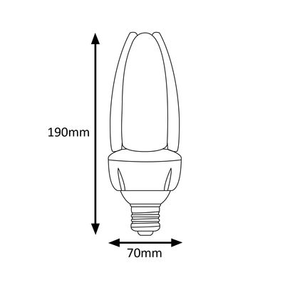 Strichzeichnung einer LED-Lampe, Abmessungen: Höhe 190 mm, Breite 70 mm, ideal für energieeffiziente Beleuchtungslösungen.