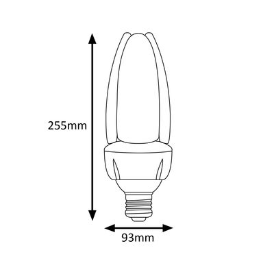 Abbildung einer LED-Lampe, 255 mm hoch und 93 mm breit, ideal für private und gewerbliche Beleuchtungslösungen.