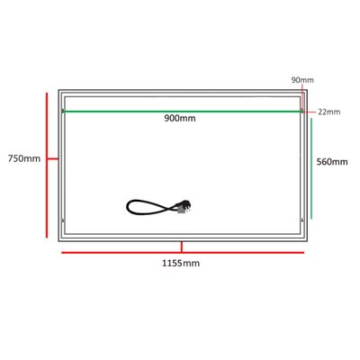 Rechteckiges LED-Panel Diagramm: Abmessungen detailliert, Teile 1155x750 mm, markierte Teile.