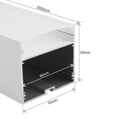Schema eines weißen rechteckigen Kanals für LED-Beleuchtung, Abmessungen: 90x80x2000mm, Innenbreite 80mm. Ideal für effiziente Beleuchtungsanlagen.