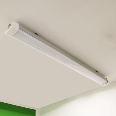 Eine an der Decke montierte weiße Leuchtstoffleuchte, die eine grüne Wand beleuchtet, ideal für LED-Ladenatmosphäre und energiesparende Lösungen.