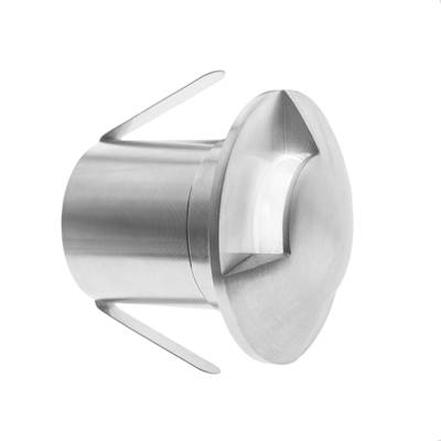 Edelstahl-Rohrstecker mit rundem Oberteil und seitlichen Griffen, Leuchtendetail. Ideal für LED-Installationen, isoliert mit weißem Sockel.