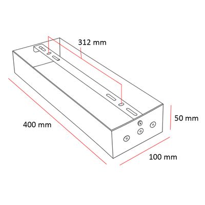 Isometrische Zeichnung einer rechteckigen LED-Box mit den Abmessungen: Länge 400 mm, Breite 100 mm, Höhe 50 mm und Tiefe 312 mm.