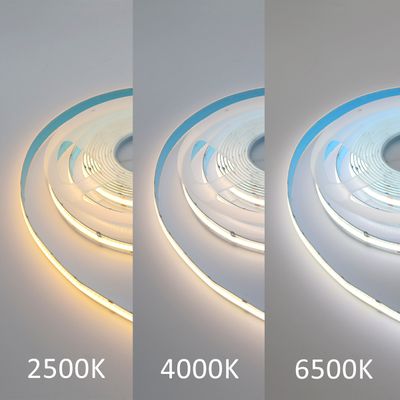 LED-Streifen, die die Farbtemperaturen Warmweiß (2500K), Neutralweiß (4000K) und Kaltweiß (6500K) sauber auf einer Fläche darstellen.