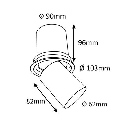 Schema einer zylindrischen LED-Leuchte, Abmessungen: 90mm, 96mm, 103mm, 82mm, 62mm, Beleuchtungsprofil