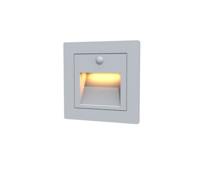 Eine quadratische Treppeneinbauleuchte mit grauem Rahmen, die ein sanftes, warmes Licht abgibt, perfekt zur Verbesserung der Sicherheit und des Ambientes in modernen Innenräumen.