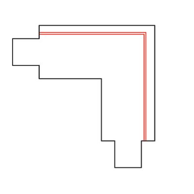 Grafik einer schwarzen abgewinkelten Treppenecke mit einer kleineren roten Innenkante auf weißem Hintergrund, die ein modernes LED-Beleuchtungsdesign darstellt.
