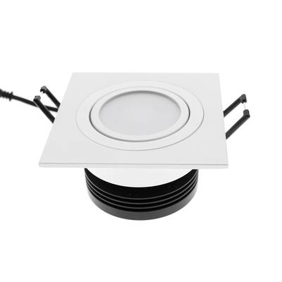 Quadratische LED-Einbauleuchte mit weißem Rahmen, verstellbare Halterungen; energieeffiziente Beleuchtung für moderne Innenräume.