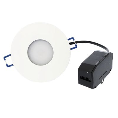 Rundes LED-Einbaudownlight, weißer Rahmen, schwarzes Elektrogehäuse, blaue Montageclips