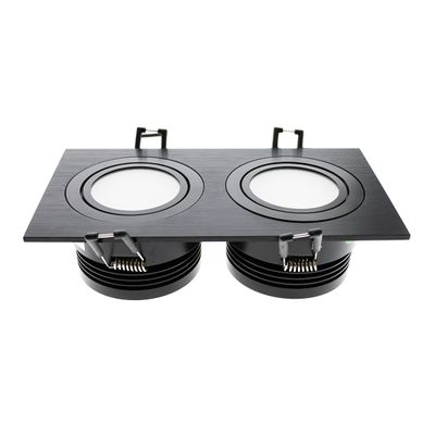 Schwarze rechteckige Deckeneinbauleuchte mit zwei runden LED-Lampen und Halterungen für moderne Innenräume.