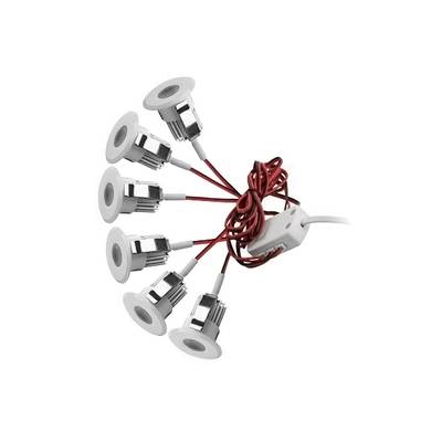 Sechs runde LED-Leuchten mit roten Drähten, die mit einer weißen zentralen Stromversorgung verbunden sind, in Form eines Fächers; ideal für moderne Beleuchtungslösungen.