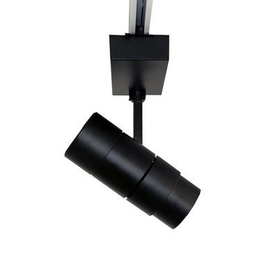 Stilvolle schwarze zylindrische Schienenleuchte mit passender Schiene, isolierter weißer Hintergrund - perfekt für moderne Beleuchtungslösungen.