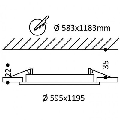 Technisches Diagramm einer rechteckigen LED-Leuchte; mit Installationsangaben, Sägezahnsymbol und genauen Abmessungen in Millimetern.