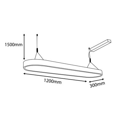 Schema einer ovalen LED-Pendelleuchte mit den Abmessungen 1500 mm Höhe, 1200 mm Länge und 300 mm Breite.