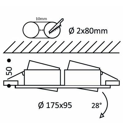 Technisches Diagramm eines Kreissägeblattes mit einem Durchmesser von 2x80mm, Winkeln und Abmessungen des Schneidgutes. Präzise LED-Beleuchtung Werkzeuge für optimale Sichtbarkeit.