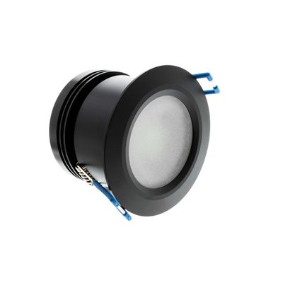 Schwarze zylindrische LED-Einbauleuchte mit mattierter Linse und blauen Kabelanschlüssen für moderne Beleuchtungslösungen.