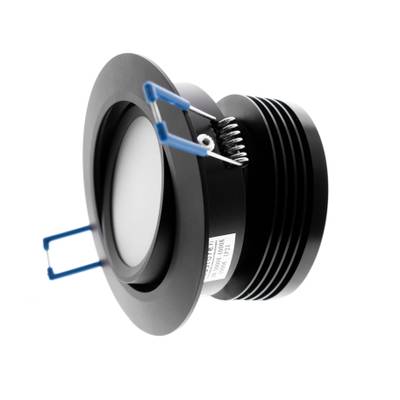 Schwarzes LED-Einbaudownlight mit blauen Metallfederklemmen und weißem Diffusor; die perfekte energieeffiziente Beleuchtungslösung.