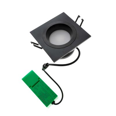 Rechteckige LED-Einbauleuchte, schwarzes Gehäuse, feste Verdrahtung, grünes Elektronikmodul - eine moderne und energieeffiziente Beleuchtungslösung.