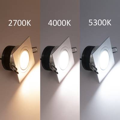 Drei quadratische LED-Leuchten mit warmweiß (2700K), neutralweiß (4000K) und kaltweiß (5300K) von links nach rechts.