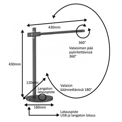 Diagramm der Tischleuchte mit Abmessungen, 360° drehbarem Kopf, 180° verstellbarem Arm und USB-/Drahtlos-Lademöglichkeit für LED-Beleuchtung Motion SEO.