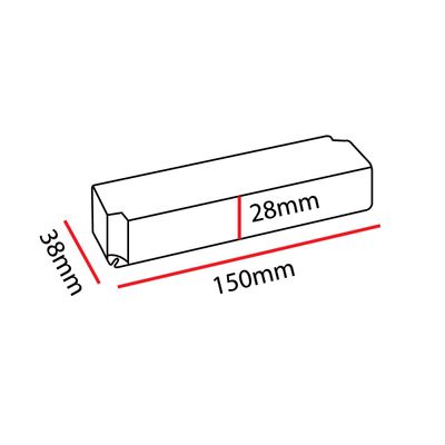 Schema der LED-Beleuchtungskomponente: rechteckiger Block mit den Abmessungen 150 mm Länge, 28 mm Breite und 38 mm Höhe in Umrissform.