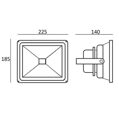 Schema eines rechteckigen LED-Strahlers mit den Abmessungen: Höhe 185 mm, Breite 225 mm, Tiefe 140 mm; mit Front- und Seitenansicht als Referenz.