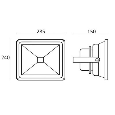 Technische Zeichnung eines rechteckigen LED-Strahlers: Vorder- und Seitenansicht, Abmessungen 285mm Breite, 240mm Höhe, 150mm Tiefe.