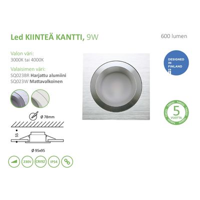 Quadratische LED-Leuchte, 9W, 600 Lumen, silberne Oberfläche, 3000K/4000K, CRI 92, IP54, finnisches Design. Inklusive 5 Jahre Garantie. Perfekt für die Beleuchtung zu Hause oder im Büro.