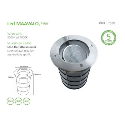 LED MAAVALO, gerichtet, Einbau, 3000K, 9W, CRI90, IP67, gebürstetes Aluminium