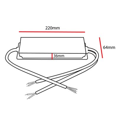 Schema eines rechteckigen LED-Controllers, 220 mm L x 64 mm H x 36 mm L, mit zwei Drähten, die von einer Seite ausgehen. Ideal für kompakte LED-Beleuchtungslösungen.