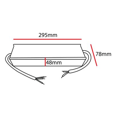 Strichzeichnung eines rechteckigen LED-Netzteils, 295x78x48mm, mit zwei Verlängerungskabeln. Ideal für effiziente LED-Beleuchtungssysteme.