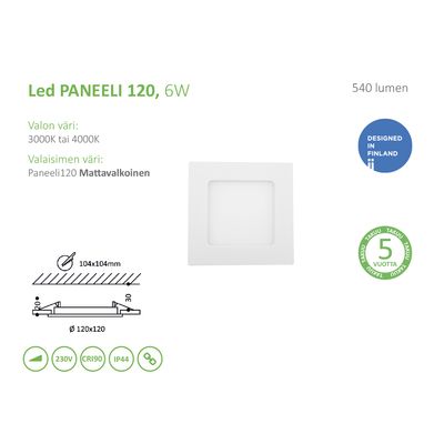 Weiße 6W LED-Panel-Leuchte, 540 Lumen, Design-Details, Abmessungen abgebildet; 5-Jahres-Garantiezeichen auf der rechten Seite.