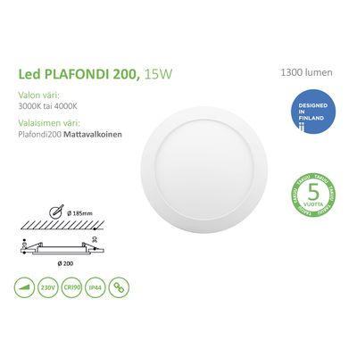 LED Plafond 200 Leuchte, 15W, 1300 lm, 3000K/4000K, IP44, CRI90, mattweißes Finish, finnisches Design, 5 Jahre Garantie.