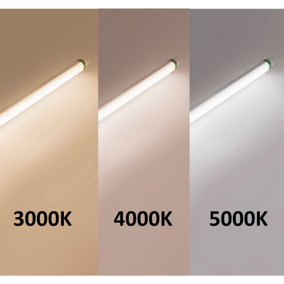 Abbildung von drei LED-Röhren mit unterschiedlichen Farbtemperaturen: 3000K warm, 4000K neutral und 5000K kühl für optimierte Beleuchtungsmöglichkeiten.