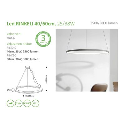 Minimalistische runde LED-Pendelleuchte in englischer Sprache; mit Wattleistung, Lumenausstoß und Abmessungen.