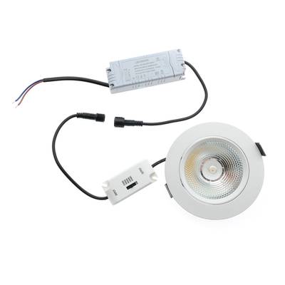 Energieeffizientes rundes LED-Downlight mit Steuerung und Verkabelung, ideal für moderne Beleuchtungslösungen, mit weißem Hintergrund. Perfekt für den Einsatz zu Hause oder im Büro.