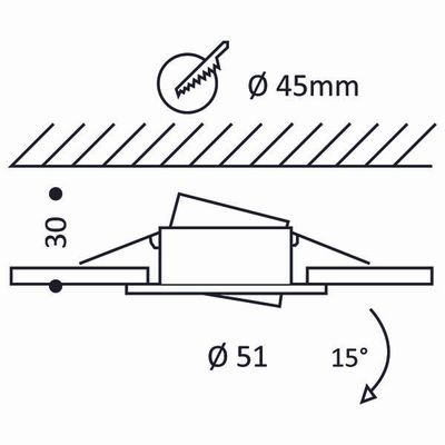 Schema für den Einbau einer LED-Einbauleuchte mit den Abmessungen: 45 mm Öffnung, 51 mm Gesamtdurchmesser und 15° Neigung für gerichtete Beleuchtung.