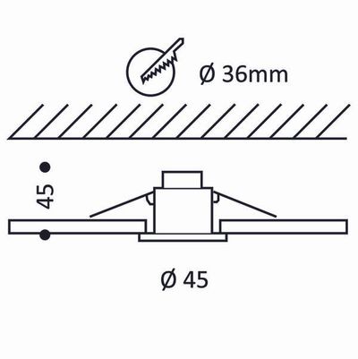 Einbauskizze für Einbauleuchten: mit Abmessungen - 36 mm Bohrung, 45 mm Durchmesser und 45 mm Montagehöhe für LED-Leuchten.