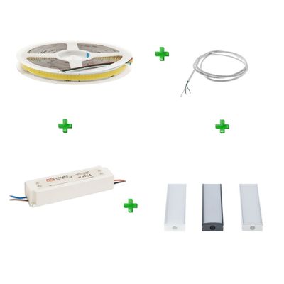 LED-Leiste, Anschlusskabel, Netzteil und 3 Aluminium-Diffusoren mit grünen Pluszeichen. Shop für LED-Beleuchtung.