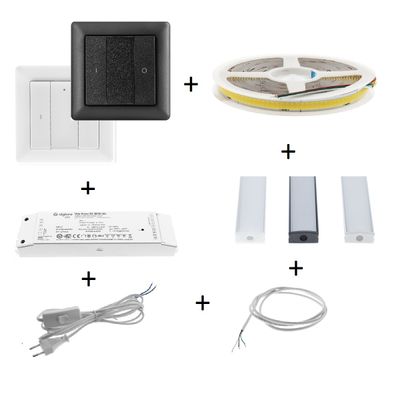 LED-Beleuchtungsteile: schwarzer Schalter, LED-Streifen, Controller, zwei Leisten, Netzkabel, graues Kabel